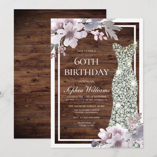 Purple Floral Diamond Dress Rustic 60th Birthday Invitation (Front/Back)