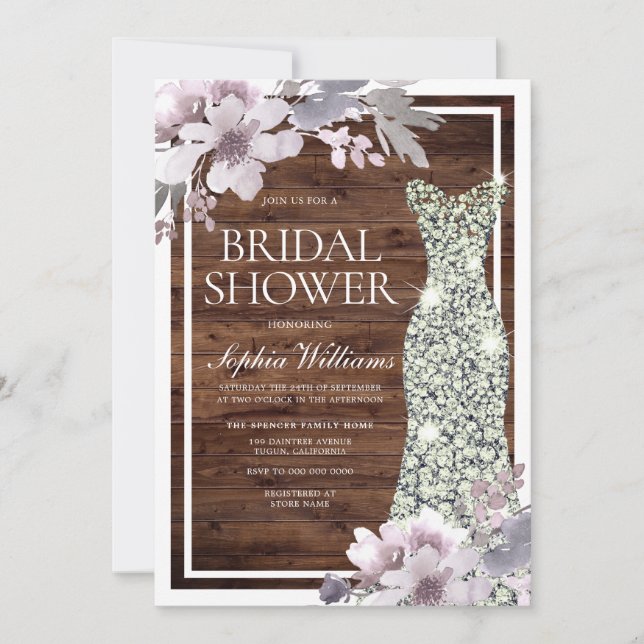 Purple Floral Diamond Dress Rustic Bridal Shower Invitation (Front)