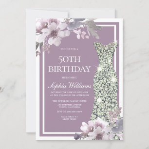 Purple Floral Diamond Dress Womans 50th Birthday Invitation