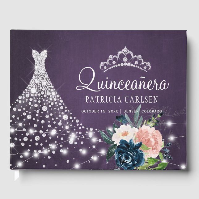Purple floral diamond princess tiara quinceanera guest book (Front)