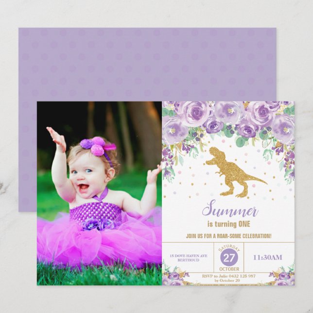 Purple Floral Dinosaur Birthday Girl T-Rex Photo Invitation (Front/Back)