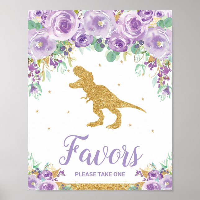 Purple Floral Dinosaur Birthday Party Girl Favours Poster (Front)