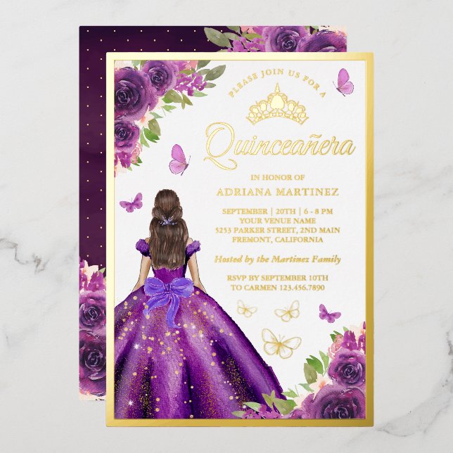 Purple Floral Dress Butterfly Quinceanera Gold (Front/Back)