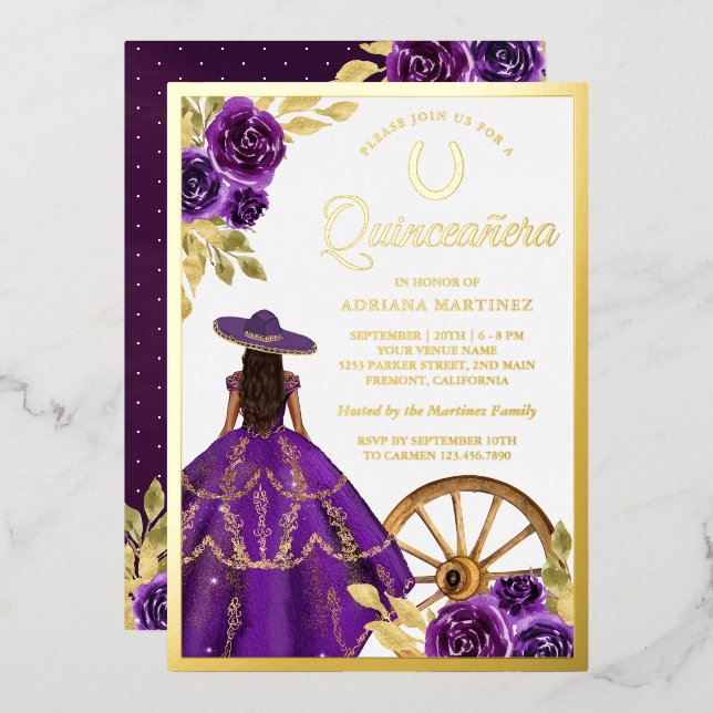 Purple Floral Dress Charro Quinceanera Gold (Front/Back)