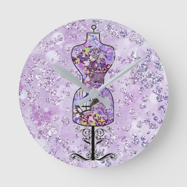Purple Floral Dress Form Bokeh Bling Round Clock (Front)