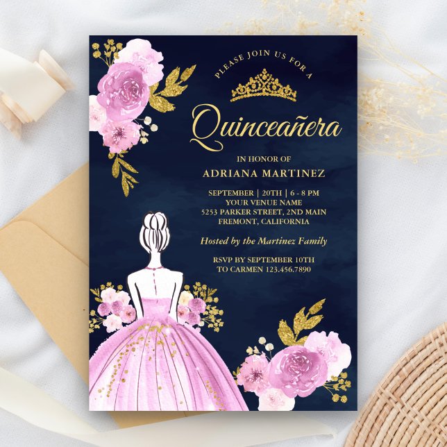 Purple Floral Dress Navy Blue Gold Quinceanera Invitation (Creator Uploaded)