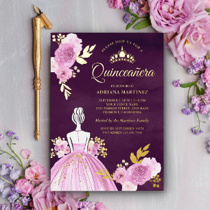 Purple Floral Dress Princess Plum Quinceanera Gold