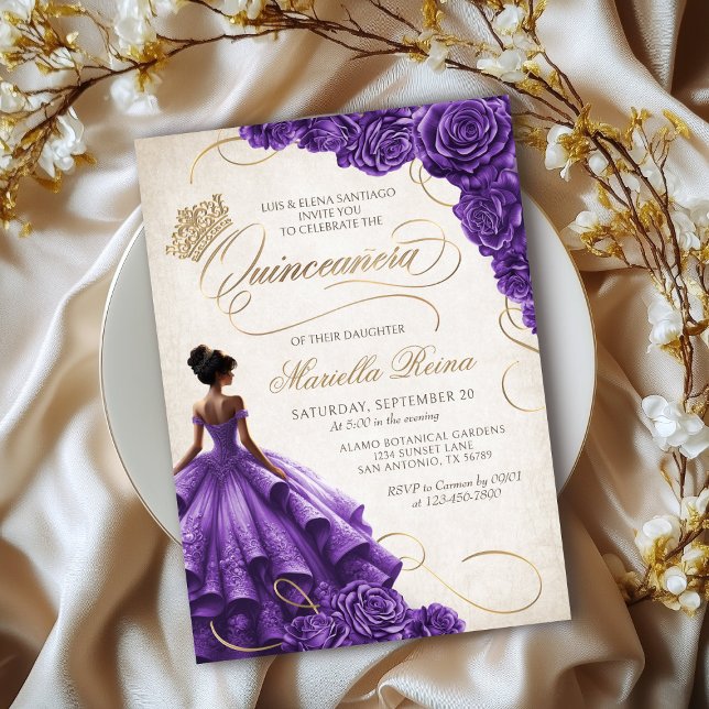 Purple Floral Dress Quinceañera Invitation (Creator Uploaded)