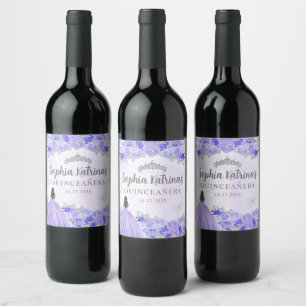 Purple Floral Dress Tiara Quinceanera Birthday Wine Label