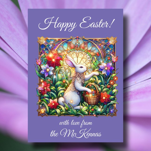 Purple Floral Easter Rabbit Stained Glass  Holiday Card (Creator Uploaded)