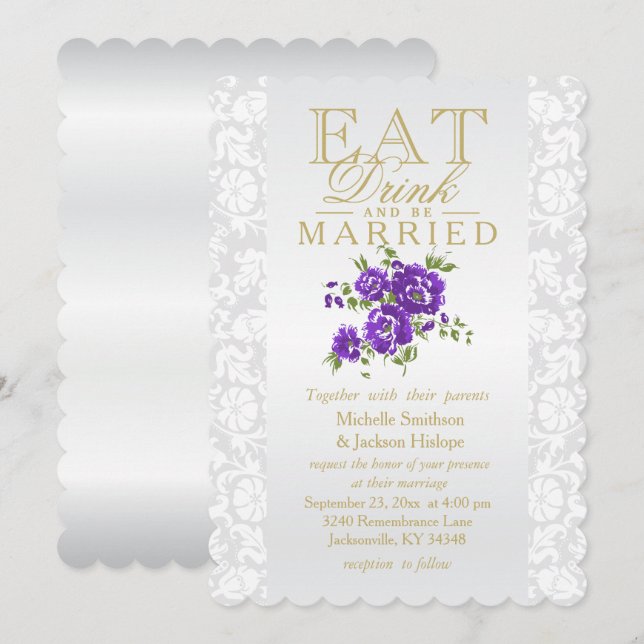 Purple Floral Eat, Drink and Be Married Invitation (Front/Back)