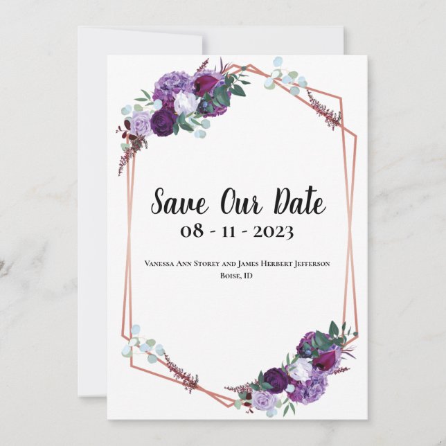 Purple Floral Elegant Announcement Save the Date (Front)