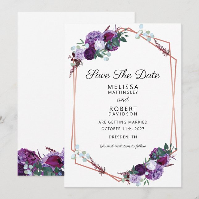 Purple Floral Elegant Geometric Save the Date (Front/Back)