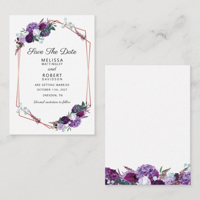 Purple Floral Elegant Geometric Save the Date Card (Front/Back)