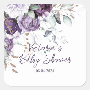 Purple Floral Elegant Personalized Baby Shower Square Sticker