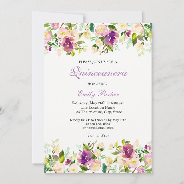 Purple Floral Elegant Quinceanera Invitation (Front)