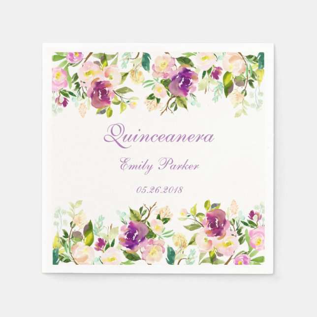 Purple Floral Elegant Quinceanera Napkin (Front)