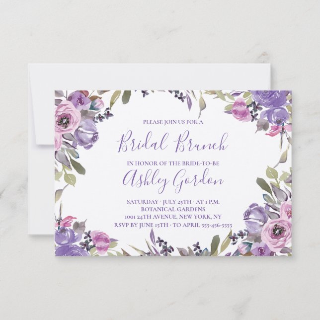 Purple Floral Elegant Script Bridal Brunch Invitation (Front)