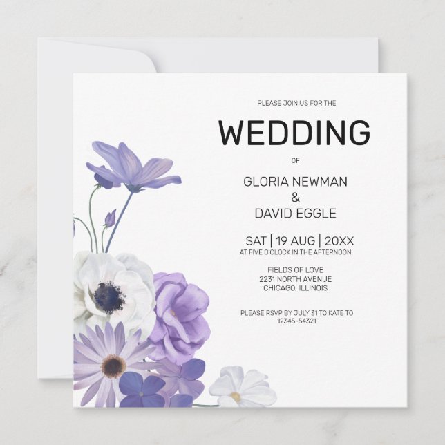 Purple Floral Elegant Square Wedding Invitation (Front)