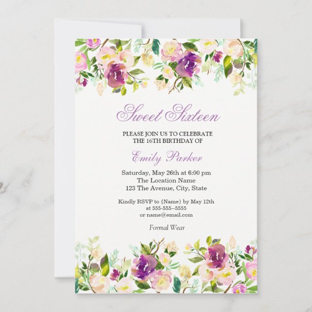 Purple Floral Elegant Sweet Sixteen Invitation (Front)