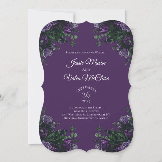 Purple Floral Elegant Wedding Gothic Invitation (Front)