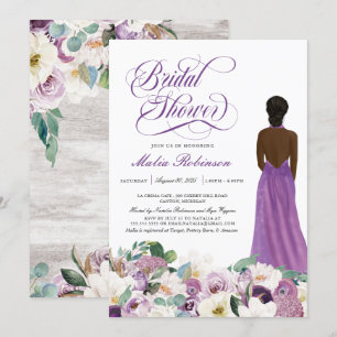 Purple Floral Elegant Wedding Gown Bridal Shower  Invitation