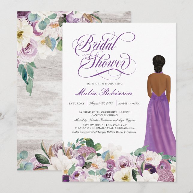  Purple Floral Elegant Wedding Gown Bridal Shower  Invitation (Front/Back)
