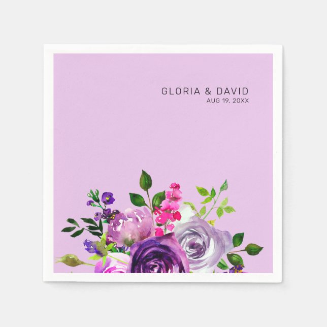 Purple Floral Elegant  Wedding  Napkin (Front)