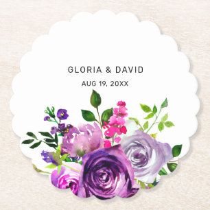 Purple Floral Elegant Wedding Paper Coaster