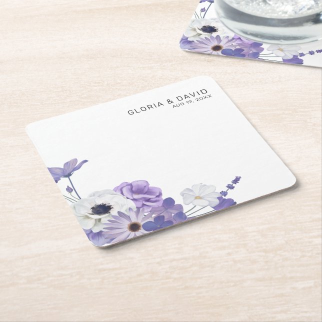 Purple Floral Elegant  Wedding  Square Paper Coaster (Angled)
