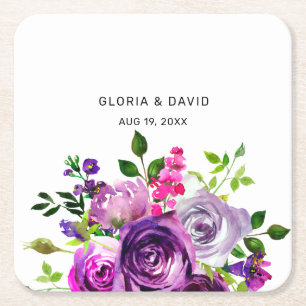 Purple Floral Elegant Wedding Square Paper Coaster