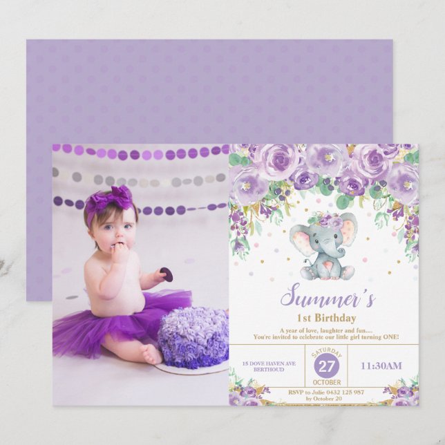 Purple Floral Elephant 1st Birthday Girl Photo Invitation (Front/Back)