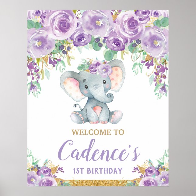 Purple Floral Elephant 1st Birthday Girl Welcome Poster (Front)