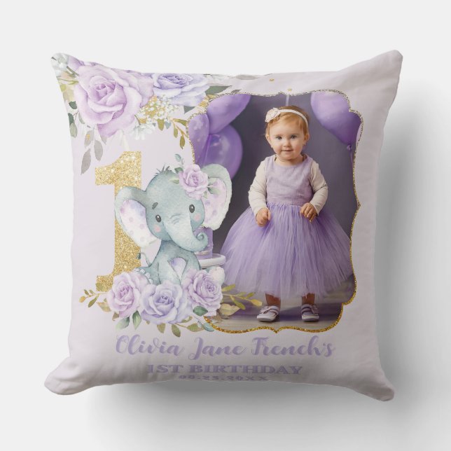 Purple Floral Elephant 1st Birthday Photo Keepsake Cushion (Front)