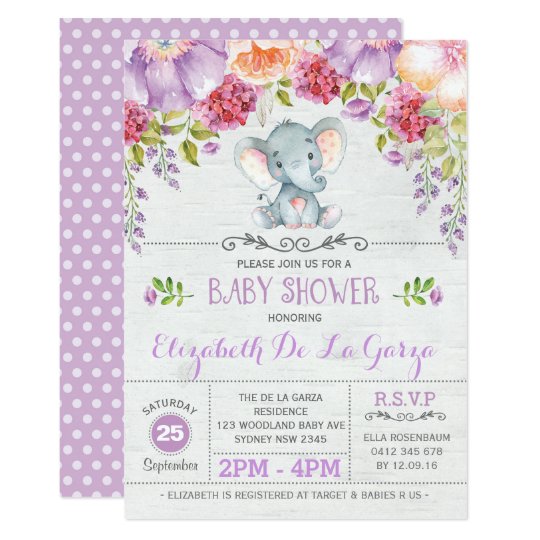 purple elephant baby shower invitations