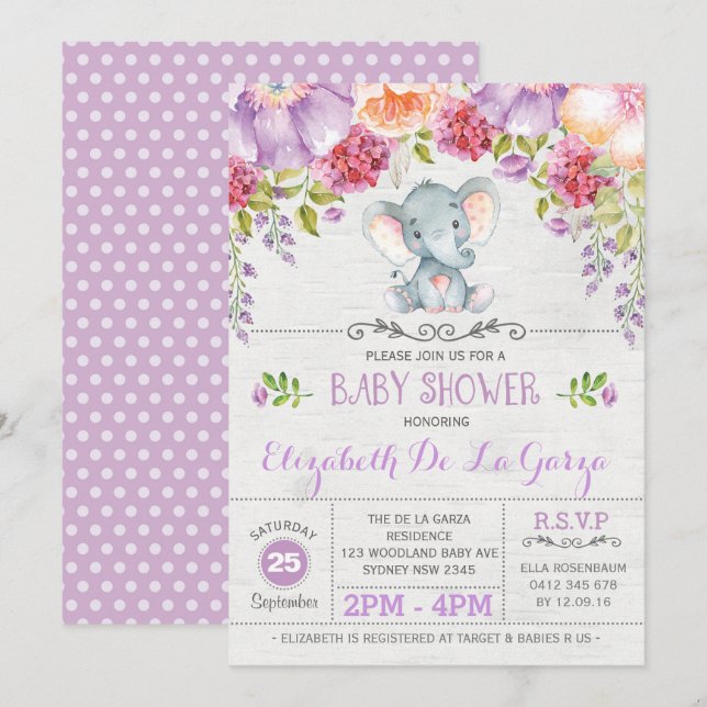 Purple Floral Elephant Baby Girl Shower Invitation (Front/Back)