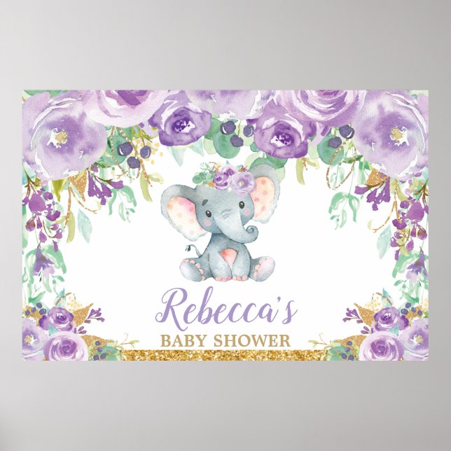 Purple Floral Elephant Baby Shower Backdrop Poster (Front)