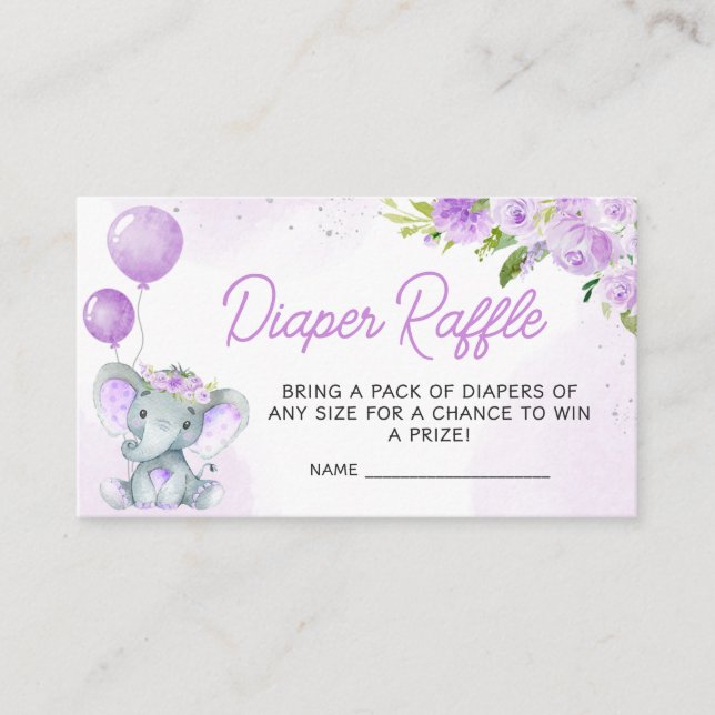 Purple Floral Elephant Baby Shower Diaper Raffle Enclosure Card (Front)