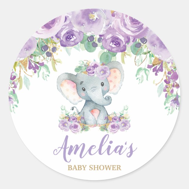 Purple Floral Elephant Baby Shower Girl Favour Classic Round Sticker (Front)