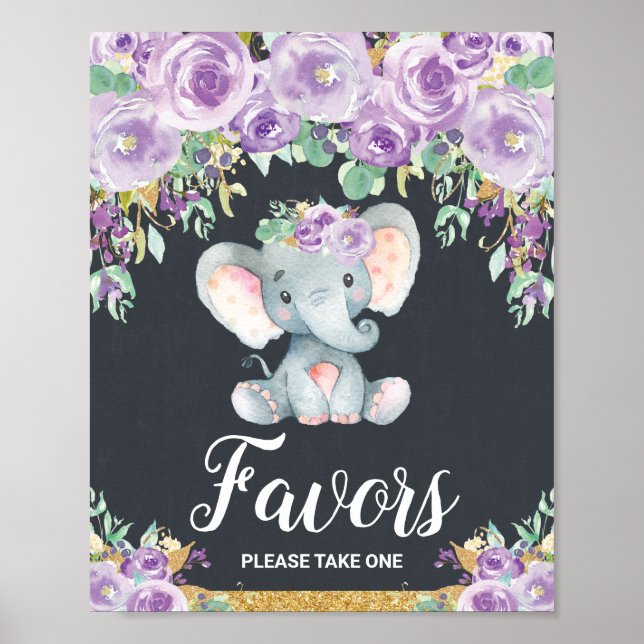 Purple Floral Elephant Baby Shower Party Favours Poster (Front)