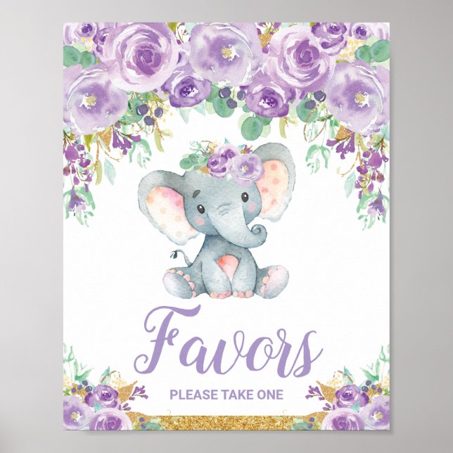 Purple Floral Elephant Baby Shower Party Favours Poster (Front)