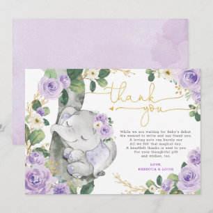 Purple Floral Elephant Baby Shower Thank You Card