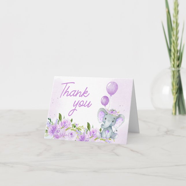 Purple Floral Elephant Baby Shower Thank You Card (Front)