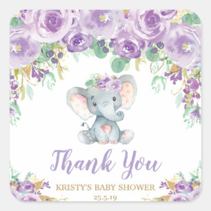 Purple Floral Elephant Baby Shower Thank You Square Sticker