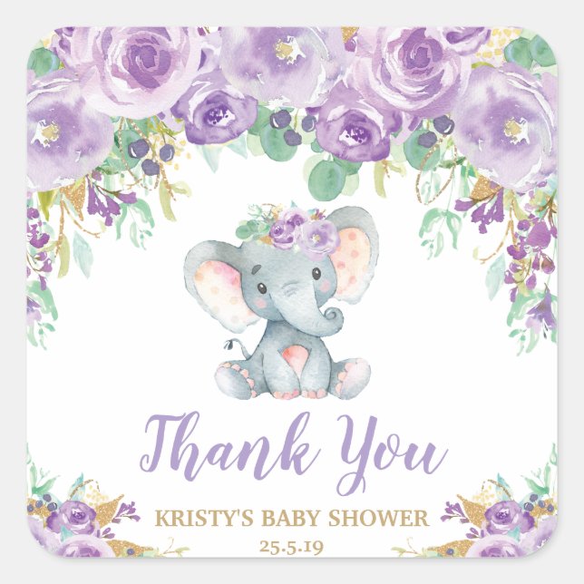 Purple Floral Elephant Baby Shower Thank You Square Sticker (Front)
