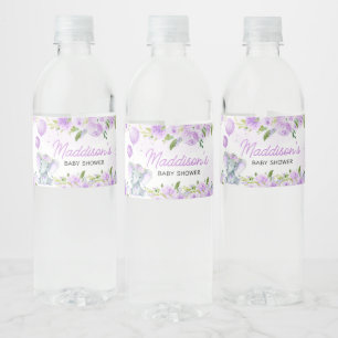Purple Floral Elephant Baby Shower Water Bottle Label