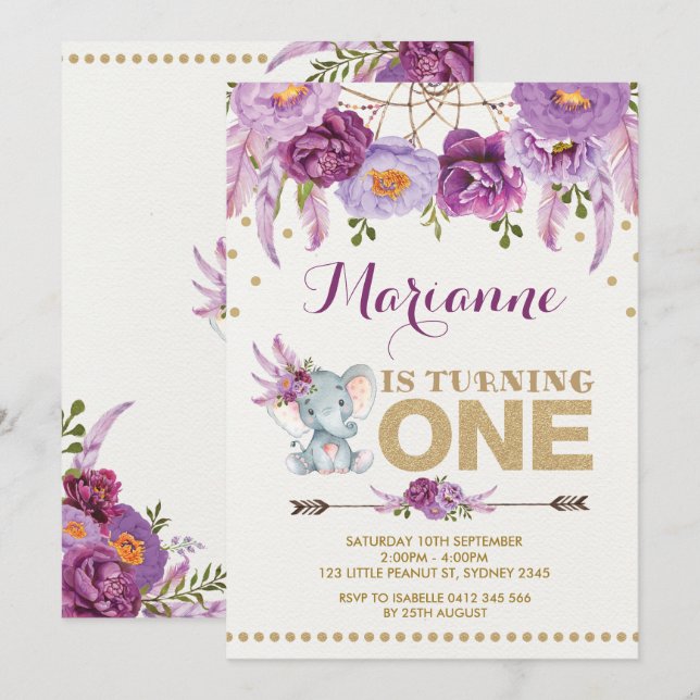 Purple Floral Elephant Boho Birthday Invitation (Front/Back)