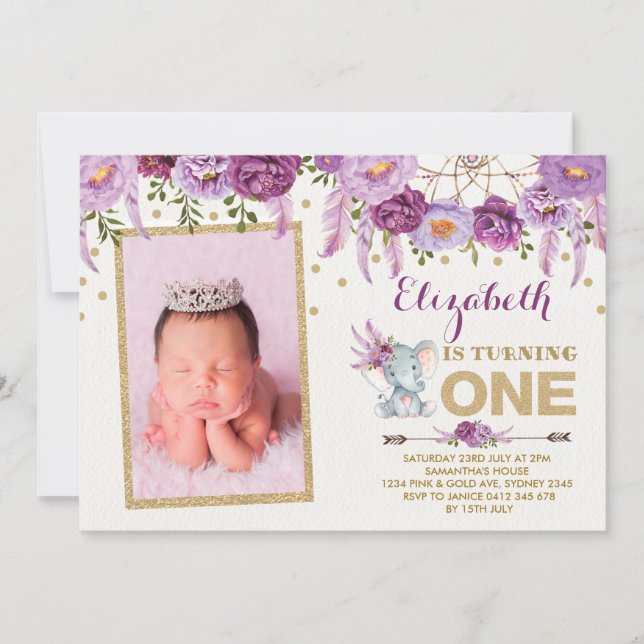 Purple Floral Elephant First 1st Birthday Invite (Front)