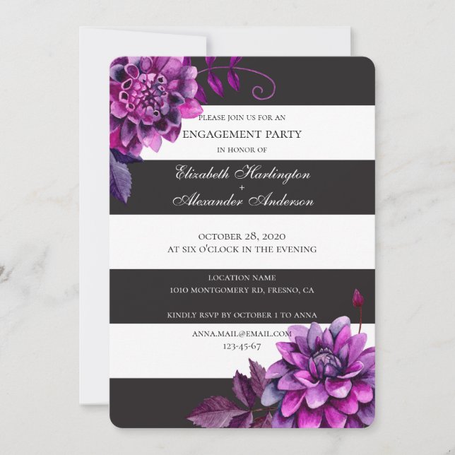 Purple floral engagement party. Black and white Invitation (Front)