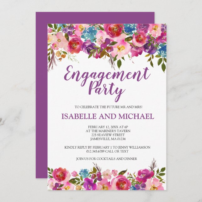 Purple Floral Engagement Party Invitations (Front/Back)